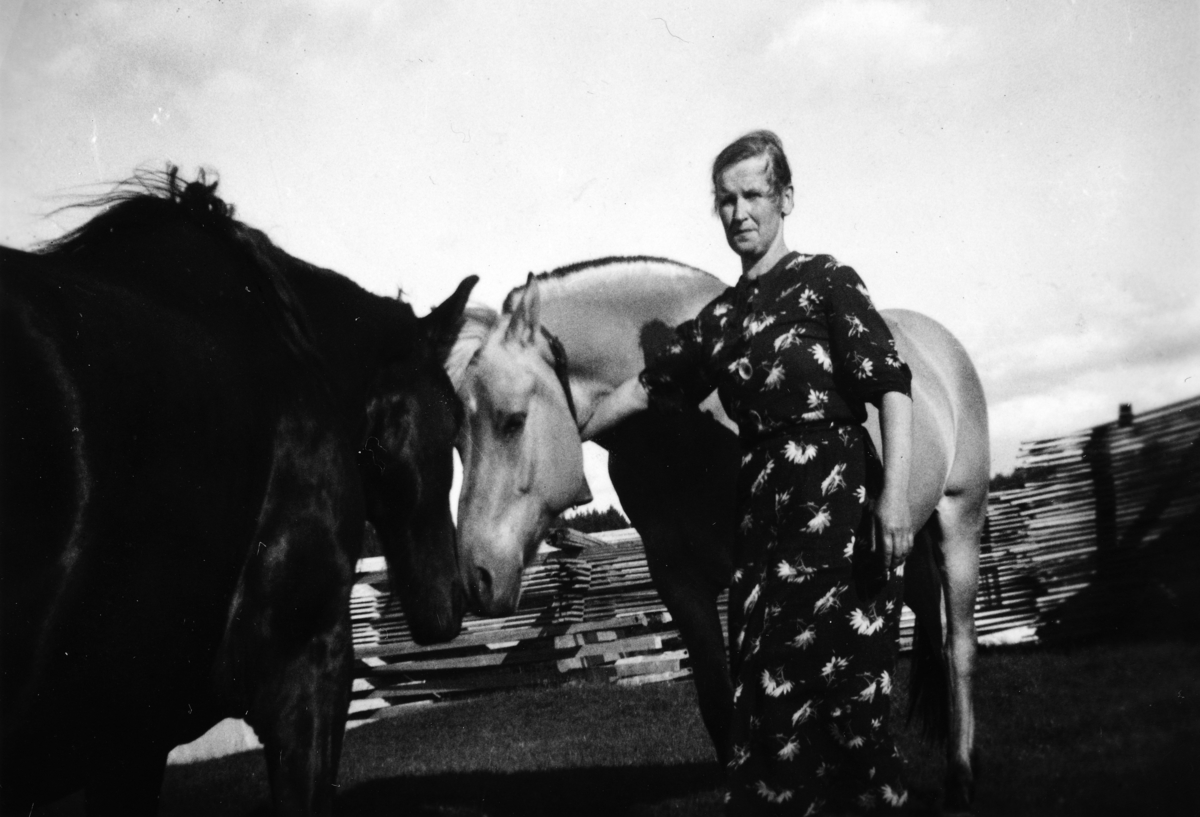 Ukjent, Jølstad i Vallset. Elida Jølstad var gift med Kristoffer Jølstad som døde ung. Elida drev garden i mange år fram til ca. 1950. Her ser vi Elida sammen med to hester. I bakgrunnen ligger materialer til nytt fjøs.