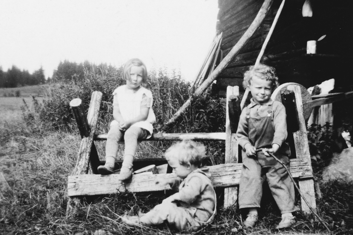 Anno Domkirkeodden, Fra venstre Ruth Evenstad, Leif Torshaug og Gunnar Torshaug ved sagkrakk utenfor Eltonstua. tatt i 1929. Torshauggutta er sønner av Kristian Torshaug g. m. Frida Molstad, og Frida var datter av Jon Albert Johansen Molstad fra Kongsvinger, g. m. Lovise Andersdatter fra Eltonstua, datter av ovenfor n…