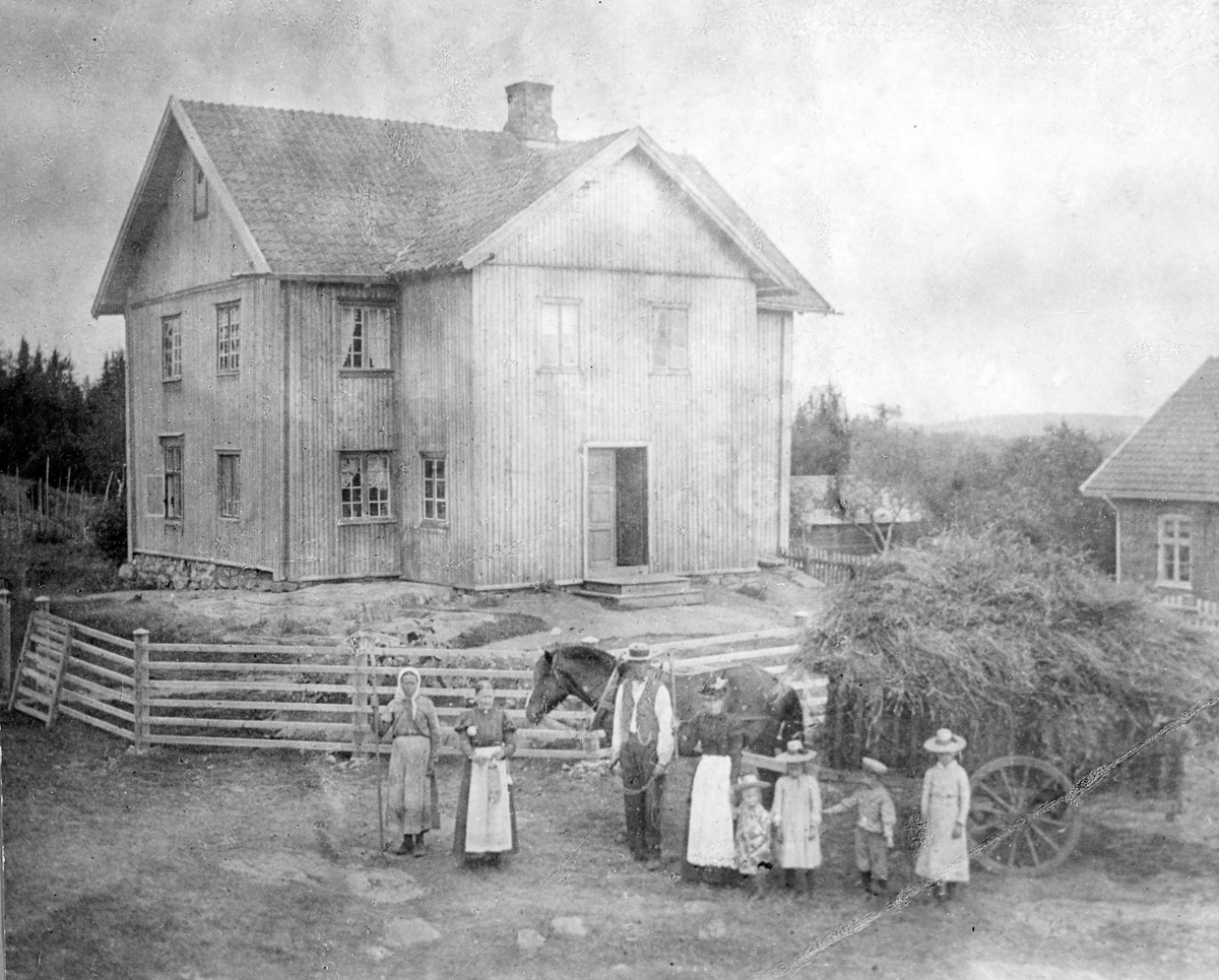 Ukjent, Helset Øvre, hovedbygningen ca. 1900. Slåttonn. Hest med høylass. F. v Maria Andersen - budeie, Oline Olsen - tjenestejente, Kristian Skaven - gardbruker, Marte Skaven - kone, Astrid Skaven - datter, Kristoffer Skaven - sønn, Marie Skaven - datter