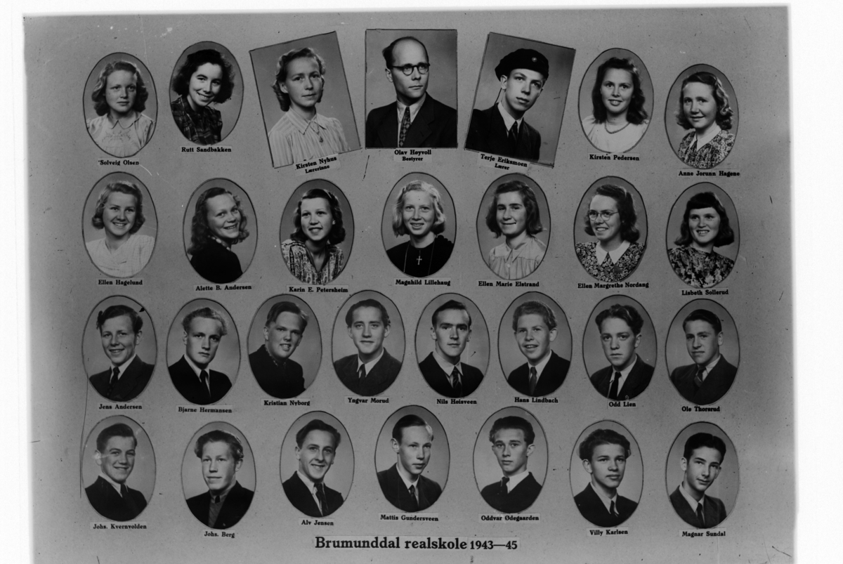Christian Grundseth, BRUMUNDDAL REALSKOLE, 1943-45, ØVERSTE REKKE F. V. SOLVEIG OLSEN, RUTH SANDBAKKEN, LÆRERINNE KIRSTEN NYHUS, BESTYRER OLAV HØYVOLL, LÆRER TERJE ERIKSMOEN, KIRSTEN PEDERSEN, ANNE JORUNN HAGENE. 2 REKKE F. V. ELLEN HAGELUND, ALLETTE B. ANDERSEN, KARIN PETERSHEIM, MAGNHILD LILLEHAUG, ELLEN MARIE ELSTRA…