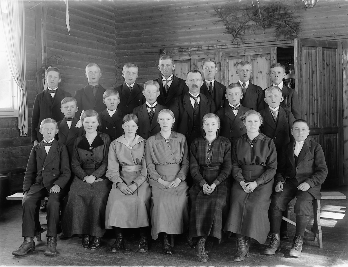 Martin Finborud, Fredvang skole, gruppe elver og lærer fortsettelseskole. Sittende fra venstre er Leon Sofienberg, Agnes Storlien, Aslaug Simenstad, Oddlaug Kjendlie, Magda Storlien, Jenny Aarlien. Andre rekke fra venstre er Leonard Tamberstuen, ?, Thor Fjeld, lærer Sønsteby, Even Fossum, Gunnar Øvern. Bakerst fra …