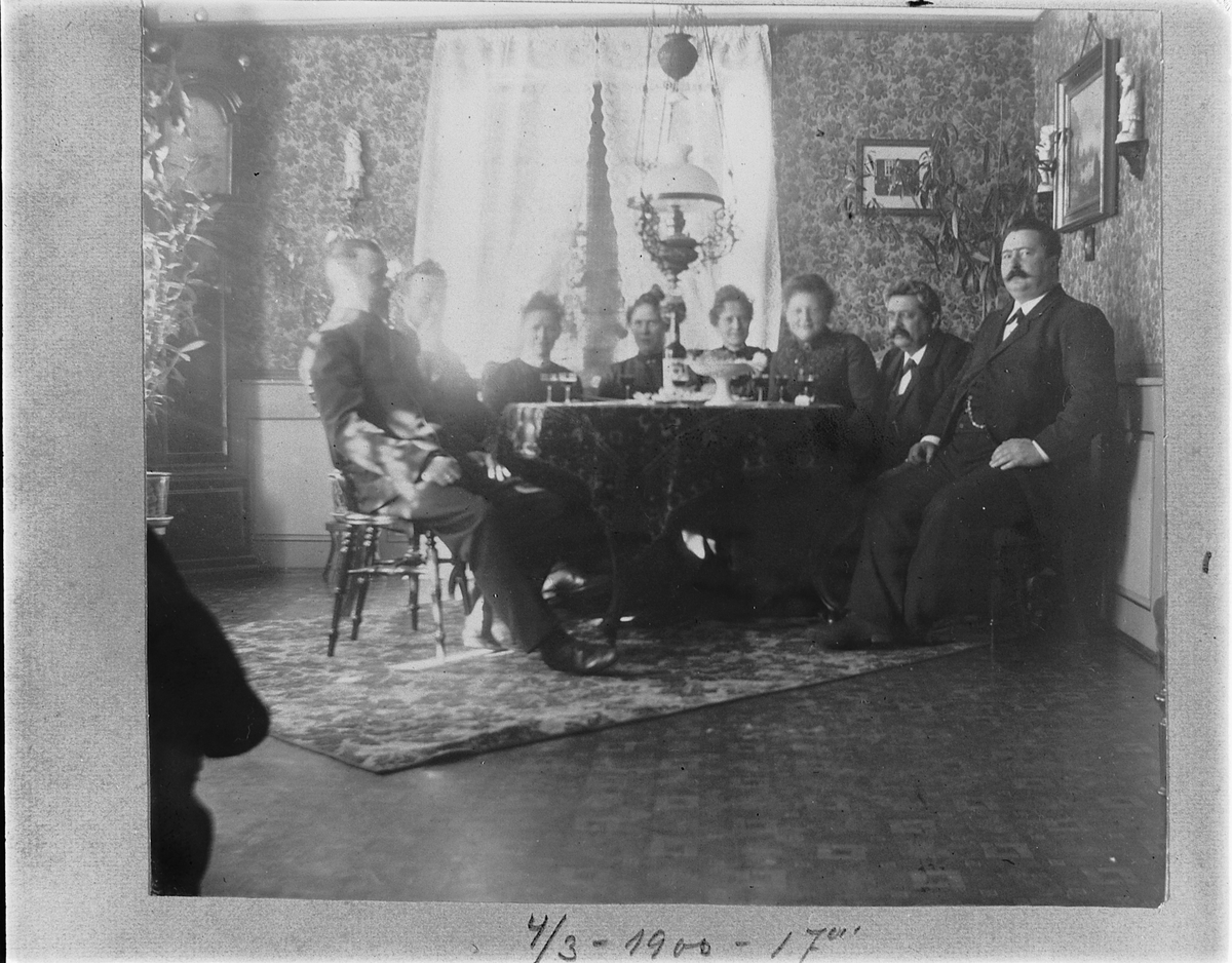 Johan Albert Steen, GRUPPE 8 UKJENTE MENN OG KVINNER, INTERIØR STUE, UKJENT STED ELVERUM? 4-3-1900.