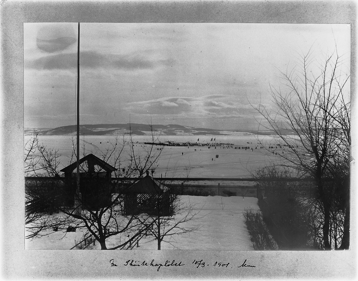 Johan Albert Steen, STRANDGATEHAGEN i Hamar, UTSIKT fra fotograf Steens vindu, SKØYTELØP UTE PÅ MJØSA, 10-3-1901.