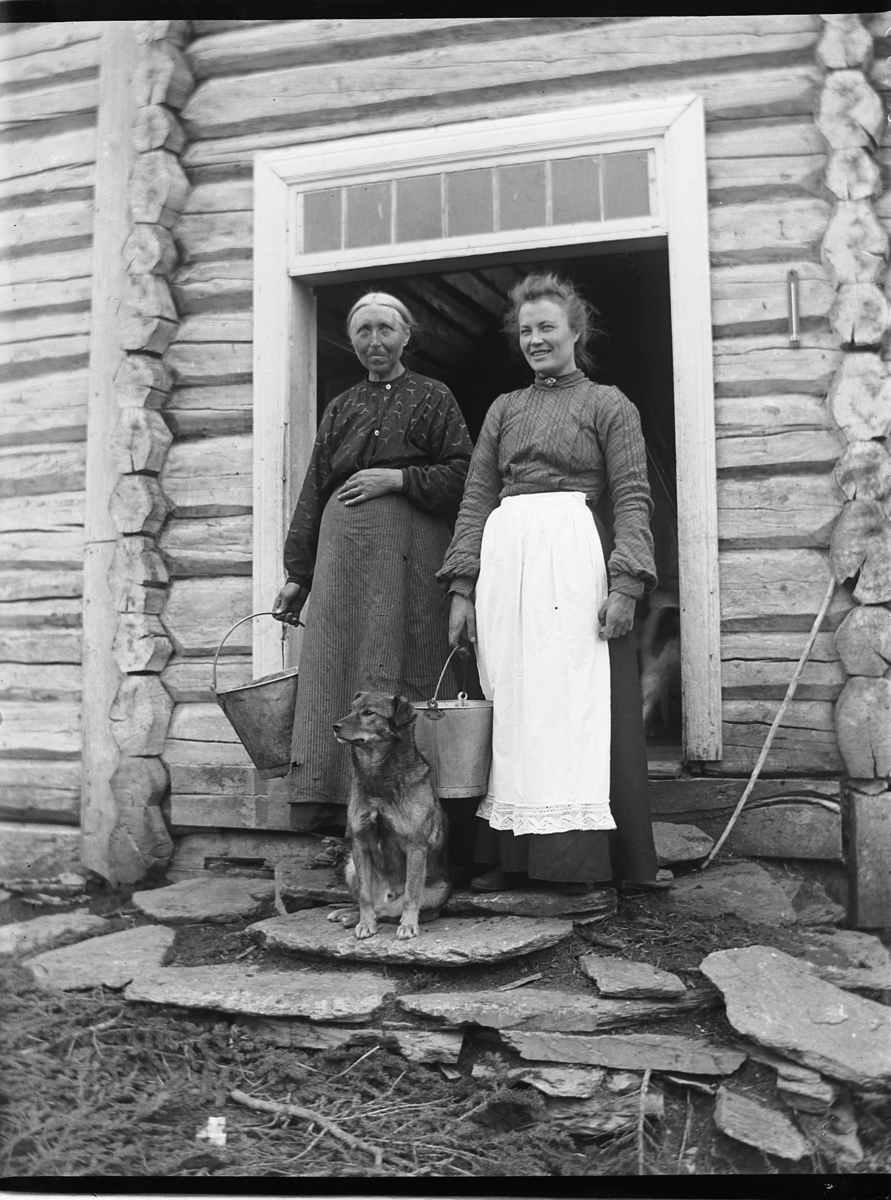 Ole Hansen Løken, TO UKJENTE BUDEIER MED BLIKKSPANN OG HUND. Bogstisetra på Gammelskolla, Ringsaker. FOTO OLE LØKEN.