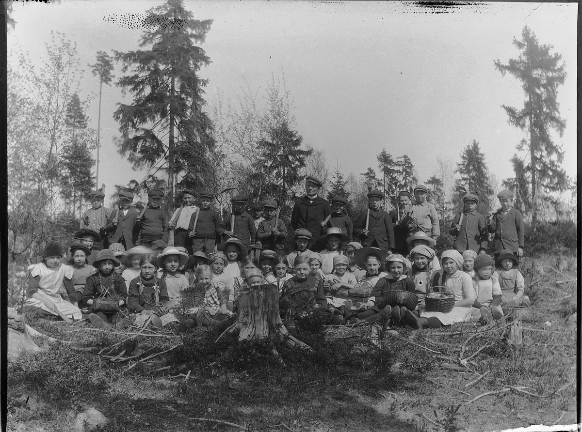Ole Hansen Løken, SKOGBRUK, SKOLEBARN PÅ SKOGPLANTING, STOR GRUPPE GUTTER OG JENTER.