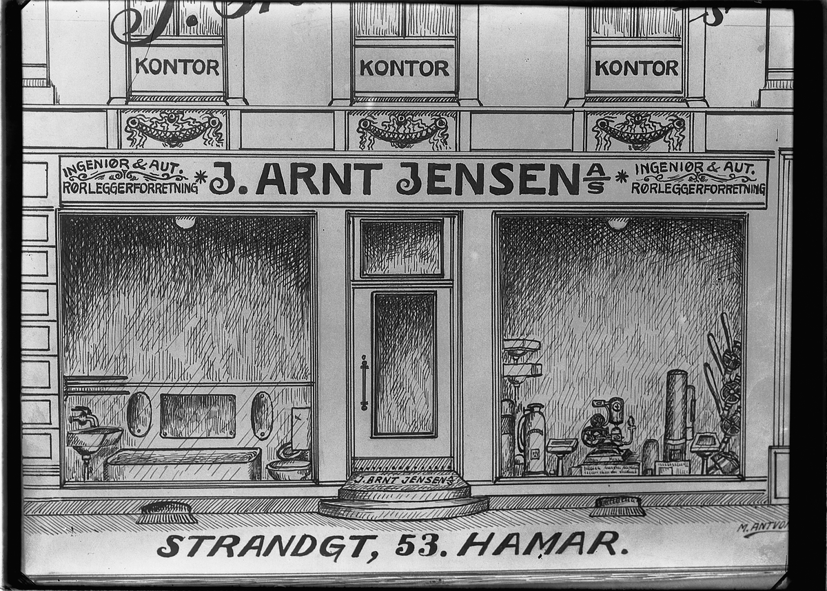 Oscar Løberg, TEGNING RØRLEGGER ARNT JENSEN AS, BUTIKKFASADE I STRANDGATA 53 i Hamar.