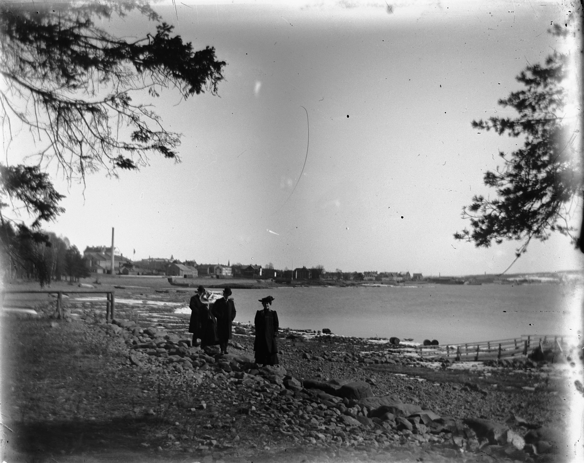 Johs. (Johannes) Johannessen, To menn og to kvinner ved vannkanten, Hamar i bakgrunnen.