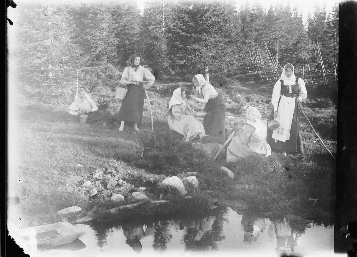 Mina Skraastad, Ei gruppe kvinner med sinkbøtter ved et vann. Bærplukkere i skogen?