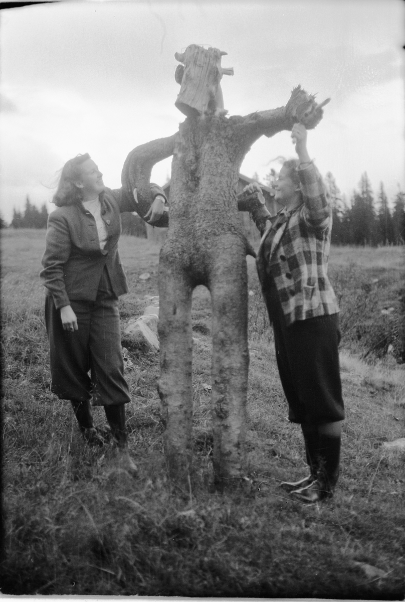 Håkon Prestkværn, To ukjente kvinner ved en trefigur.
