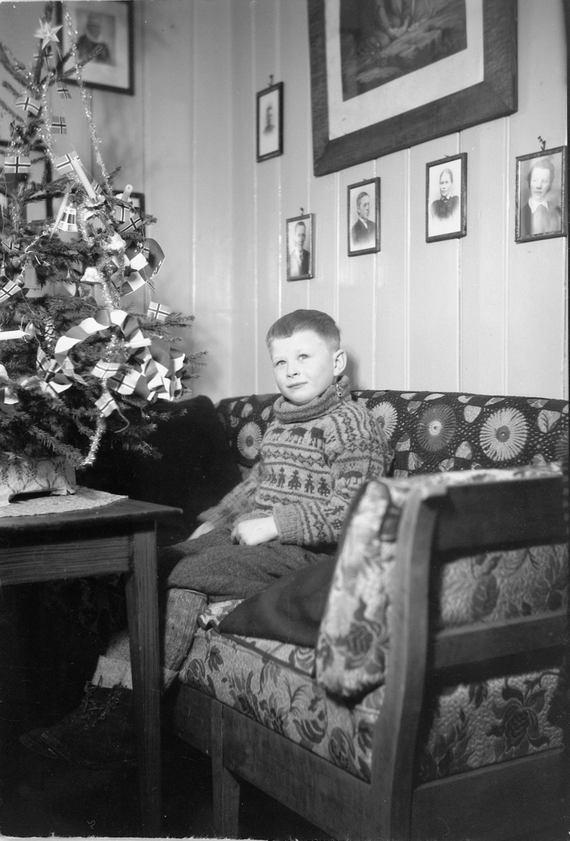 Håkon Prestkværn, Interiør, stue. Ukjent gutt i sofa med et juletre på bordet.