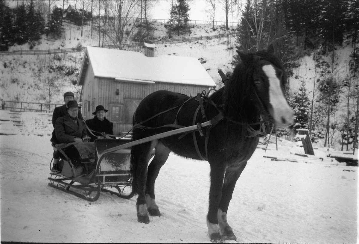 Håkon Prestkværn, Vinterlandskap. Hest og slede med tre personer i.