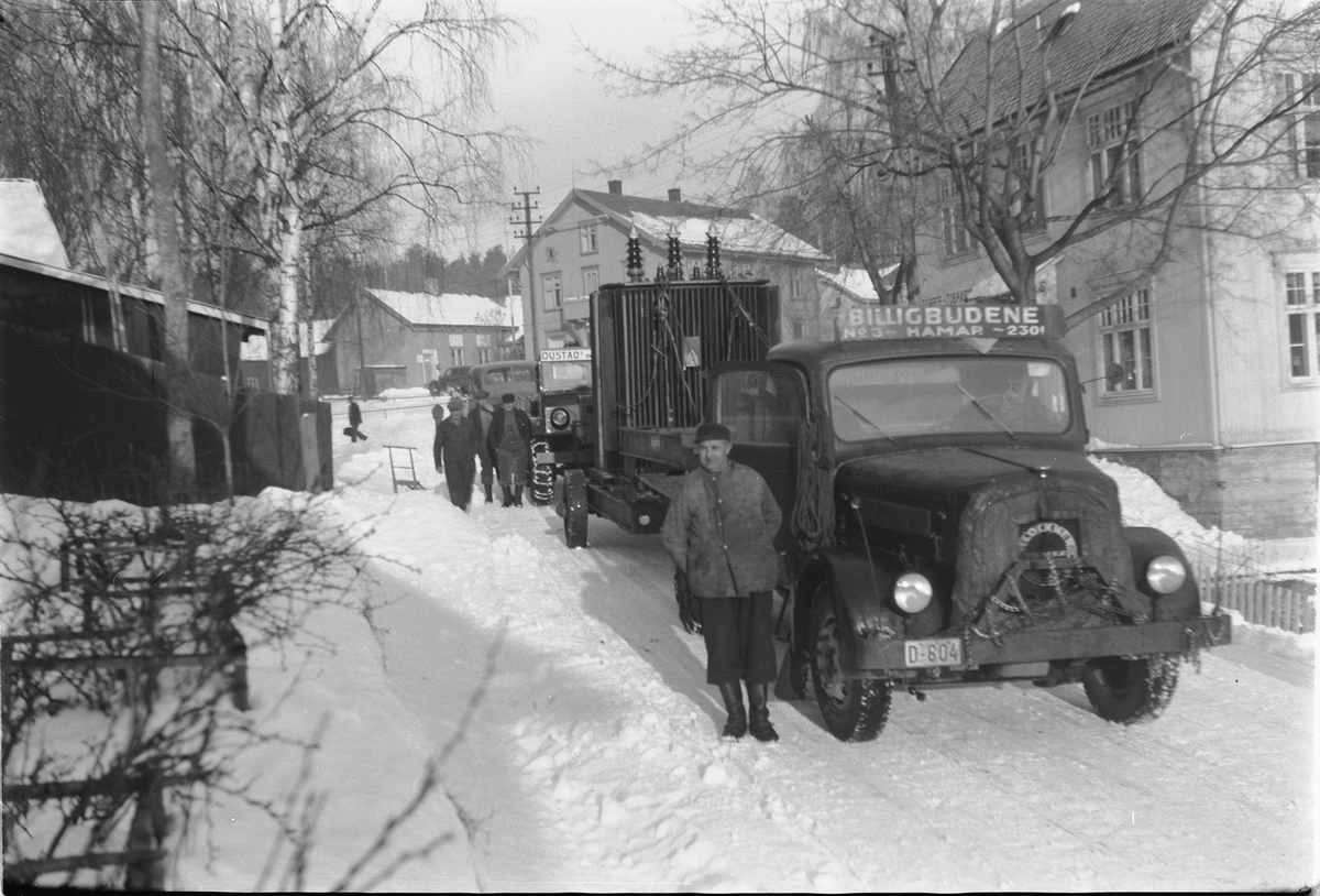 Håkon Prestkværn, Lastebil D-604, "Billigbudene No 3", Hamar, transport av transformator, Moelv.