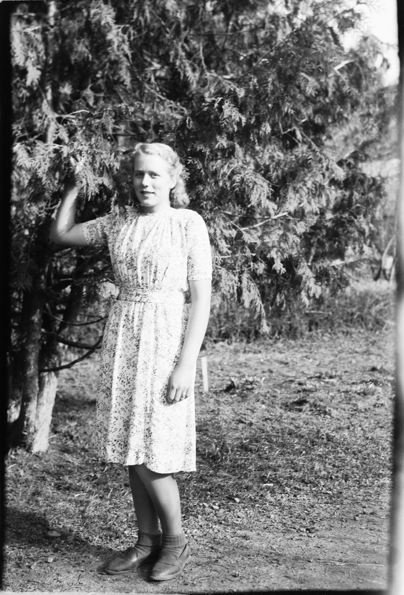 Håkon Prestkværn, Ukjent kvinne i en kjole ved et grantre. Fotokonvolutt mrk. "Frknr. Hagen slutten april 1948"
