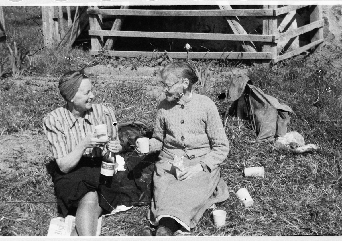 Håkon Prestkværn, To ukjente kvinner sitter i gresset og drikker brandy.