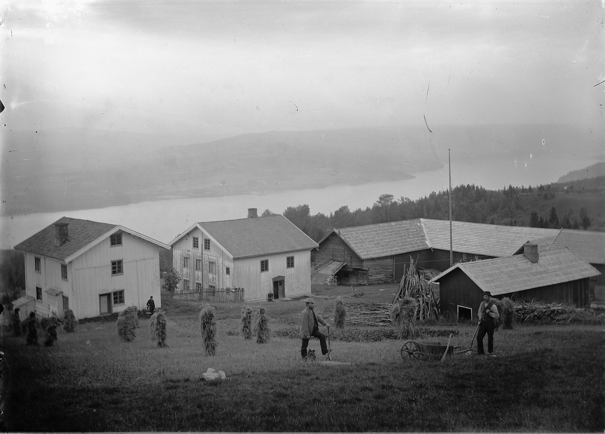 Kristoffer Horne, Eksteriør, Svartungstad gard på Brøttum i Ringsaker, kornstaur. To menn jobber på jordet.