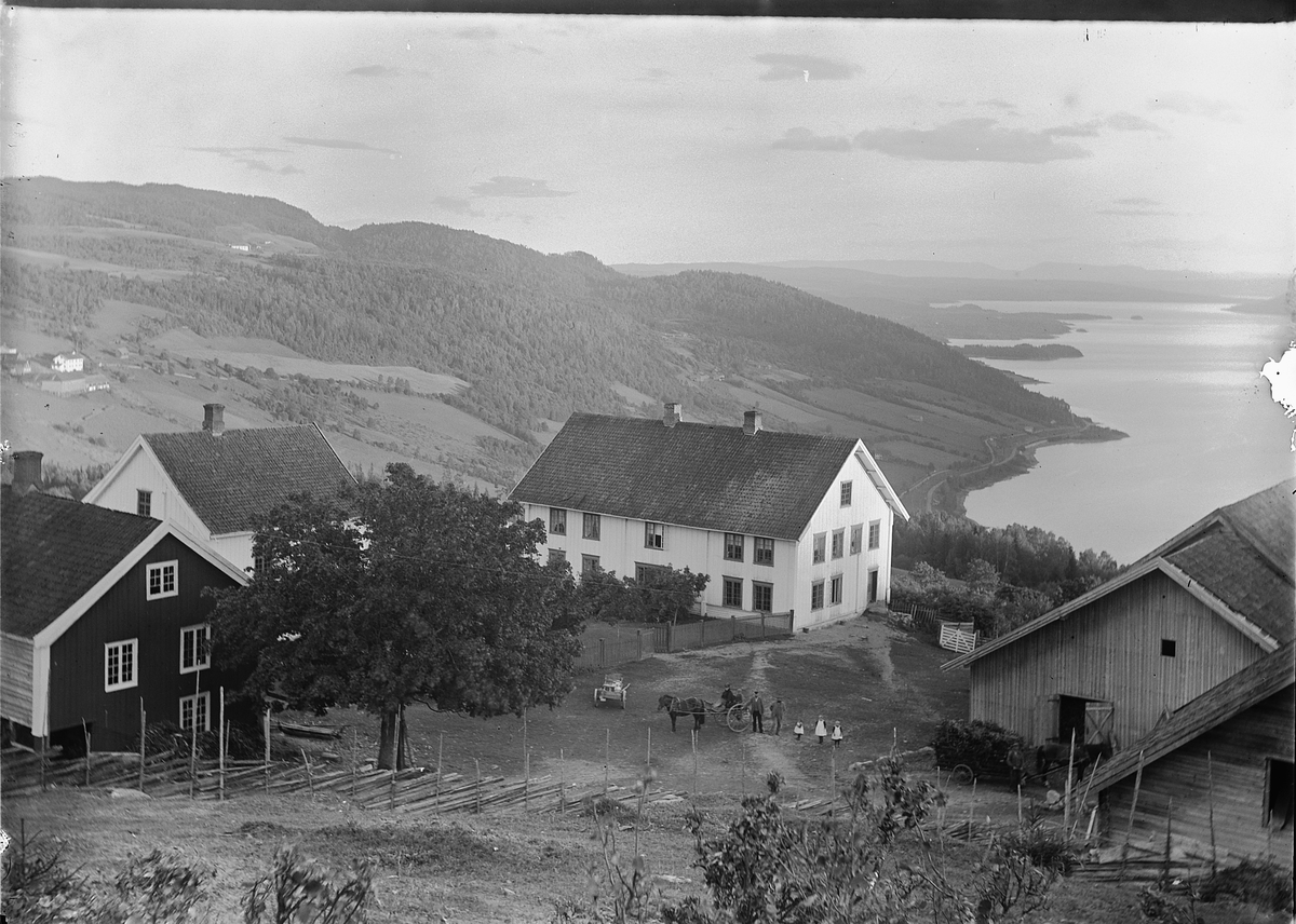 Kristoffer Horne, LIER GARD, GARDSTUN, RING, RINGSAKER, UTSIKT, MJØSA. Gården i bakgrunnen t. v. er Ulven, den bak der igjen er Haug.