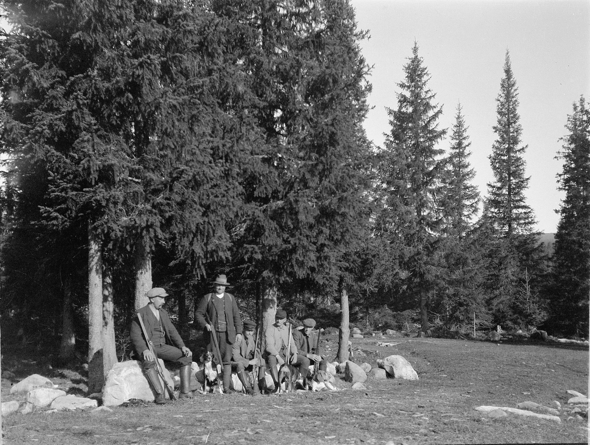 Ragnvald Andersen, Fem menn på jakt i skogen med våpen og hunder.