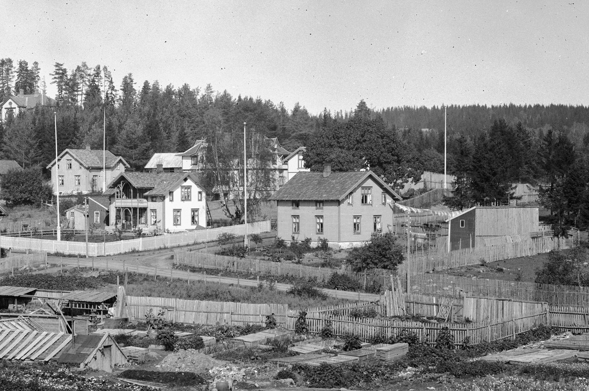 Hans Emil Erichsen, Sangen. Bebyggelse ved krysset Hakabekkvegen og Fredrik Monsensgate i Hamar. I forgrunnen er Mathias Røhnes gartneri, senere overtatt av Hugo Hoffsten. Utsnitt.