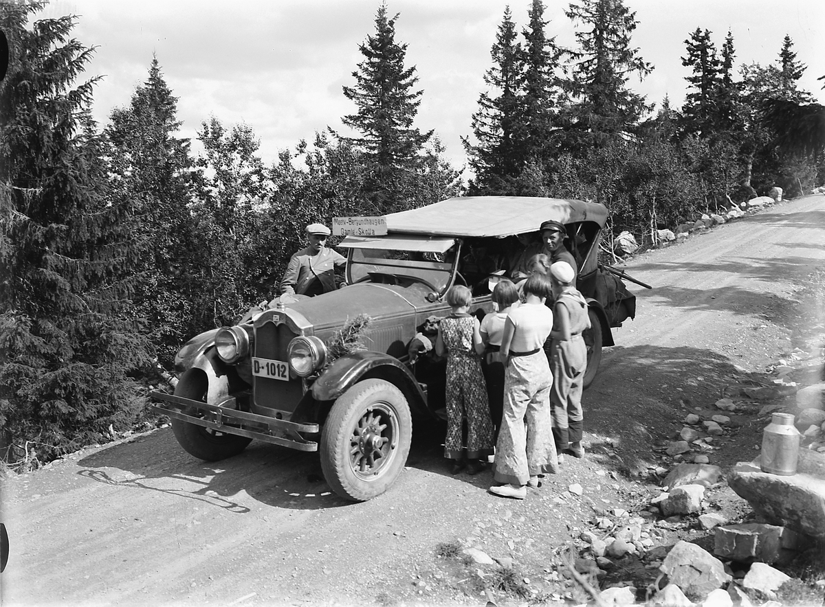 Simen Baardseth, Eksteriør, vei i skogen. Gruppe mennesker samlet rundt en rutebil med skilt Moelv-Bergundhaugen-Gamle Skolla. Buick årsmodell 1924-26. I Bilboken for Norge 1935 står reg. nr. D-1012 på en GMC 1928 rutebil som tilhørte Gunnar Grødtlien, Moelv. Det kan jo indikere når Buicken gikk ut av rutetrafikk, …