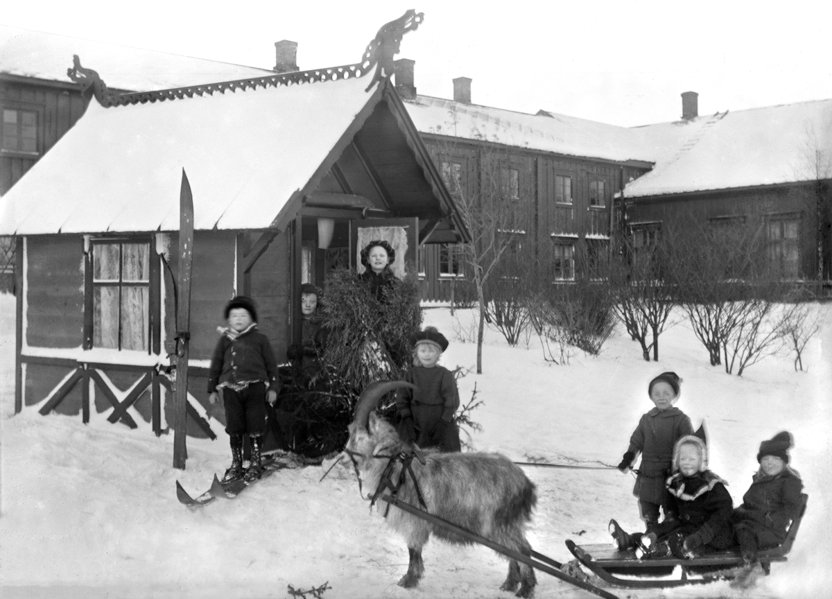 Johannes Larsen Alhaug, To barn blir trukke på en slede av ei geit. Flere barn ved et lite hus. Tynset.
