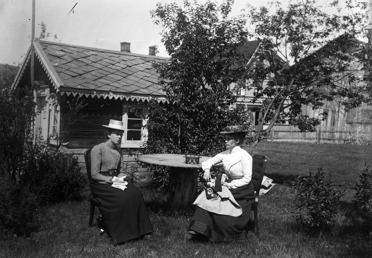 Johannes Larsen Alhaug, To kvinner driver med håndarbeid i en hage. Syr, hekler.