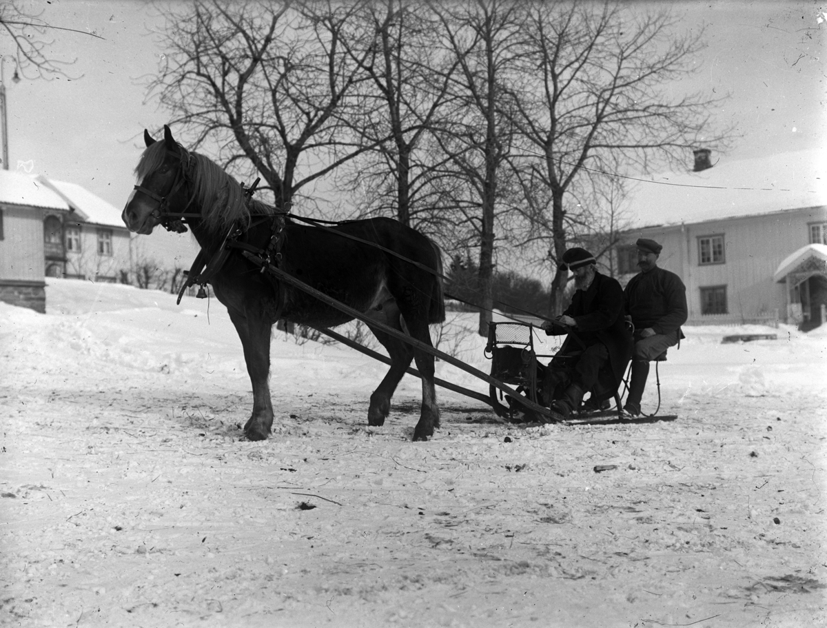 Kristian Heramb, To menn med hest og slede. Andreas Heramb er kusk.