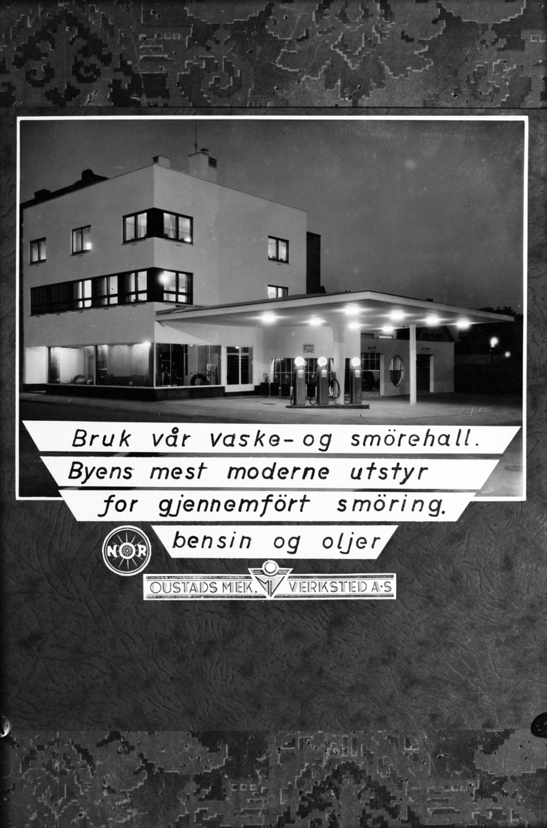 Normann Fotoatelier, Oustad Mek. Verksted A/S. Hamar. Eksteriør m/reklametekst.