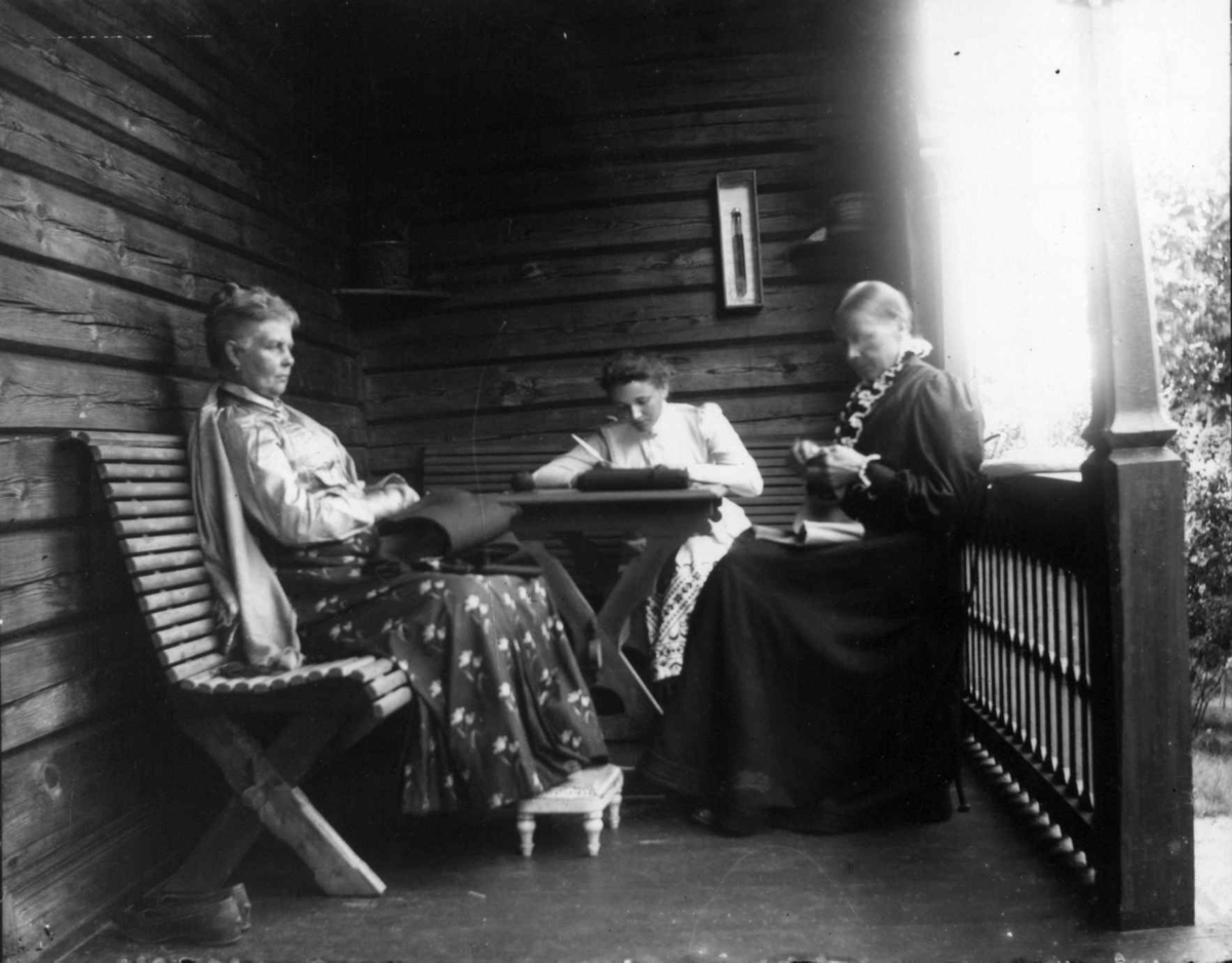 Fredrik Emil Faye, Portrett, fra venstre oberstinne Dahle, Selma Faye og frk. Agora Boye tatt på veranda på gården Dahlsberg, Hvaler, ca 1895. Fra portrettserie av personer som bodde på eller besøkte Dal gd., Ullensaker, fotografert av gårdens eier, kammerherre Fred. Emil Faye (1844-1903) i årene 1875-1900.