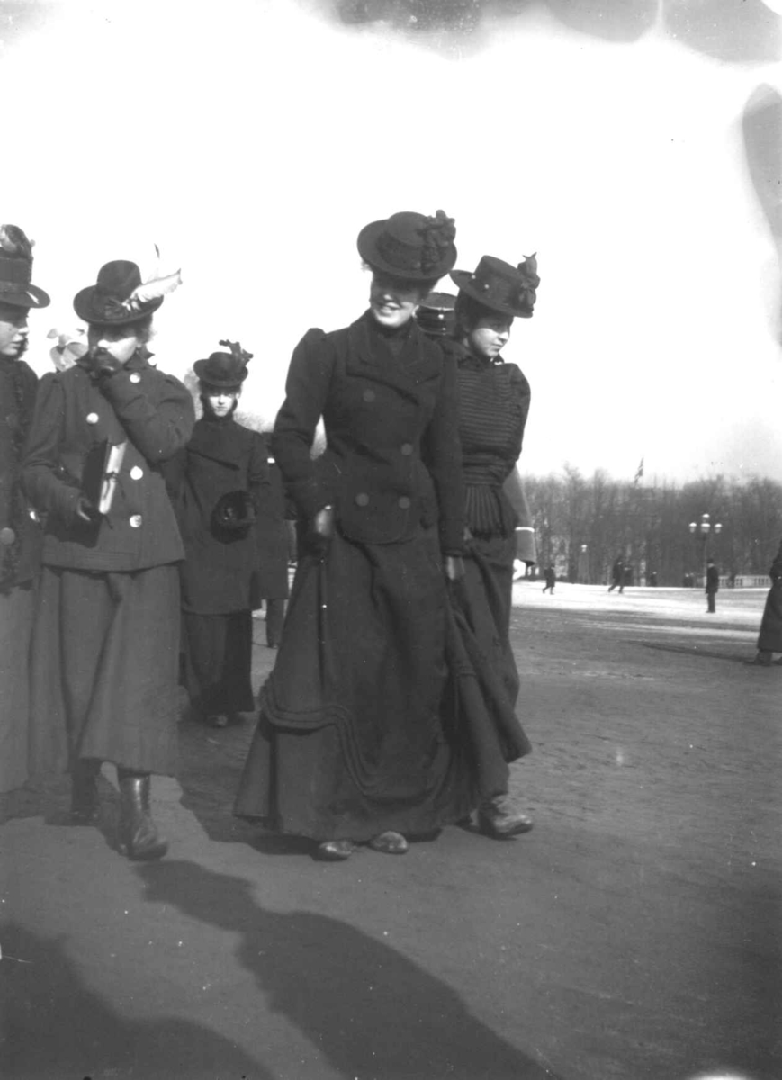 Fredrik Emil Faye, Kvinnegruppe, Slottsplassen, Oslo, 1900. Fra serie fotografert av kammerherre Fredrik Emil Faye (1844-1903), Dal gård, Ullensaker 1875-1900.