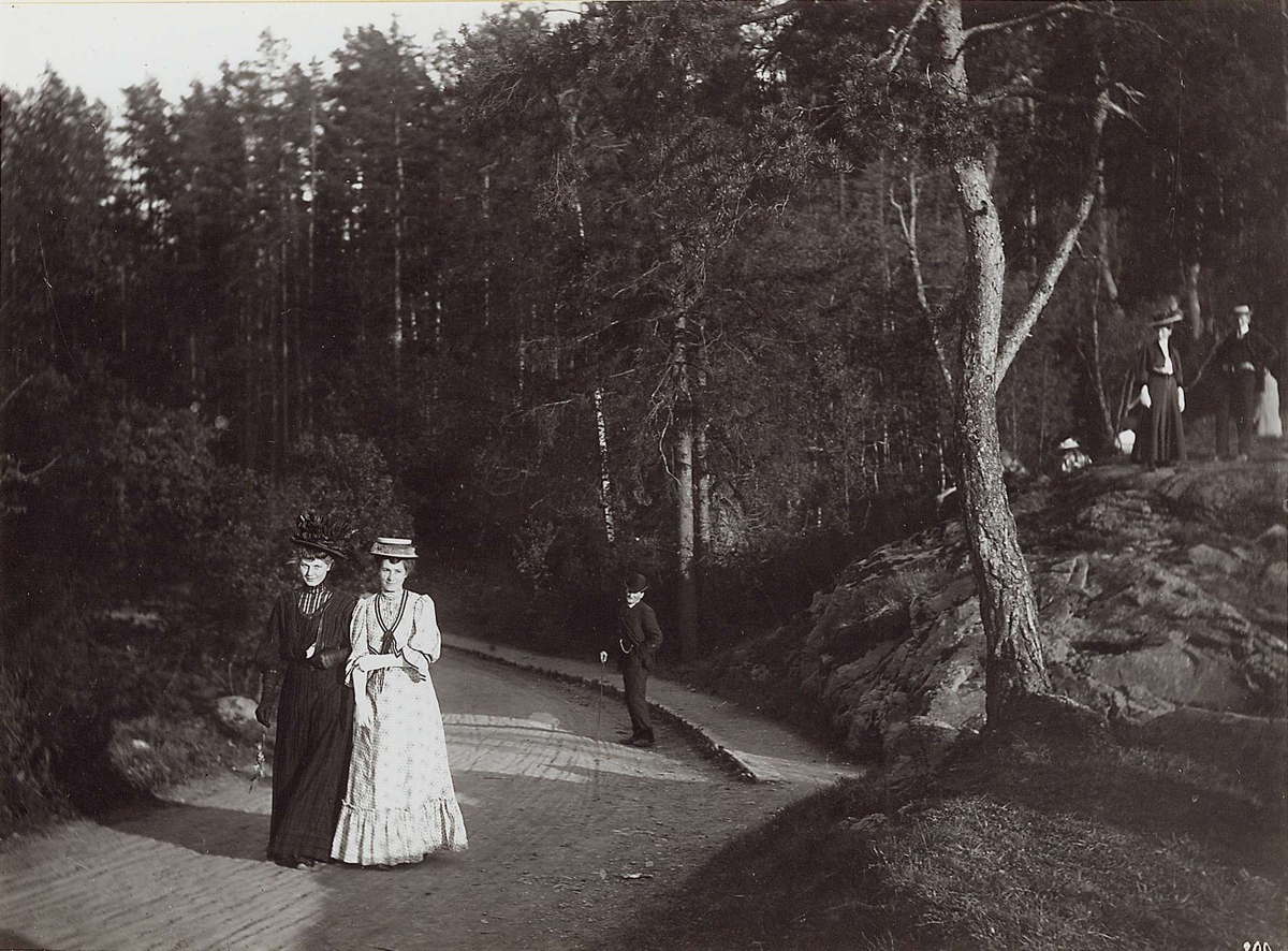 Hermann Christian Neupert, Bygdøy, Oslo 1908. Spaserende, to kvinner og en mann på vei i skogen.