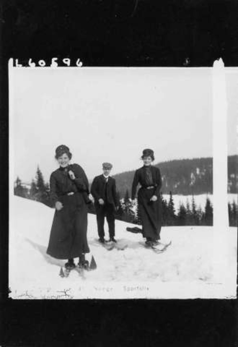 Hermann Christian Neupert, Vintermotiv. 1910. Landskap. To kvinner og en mann på ski. Kvinnene i lange skjørt.