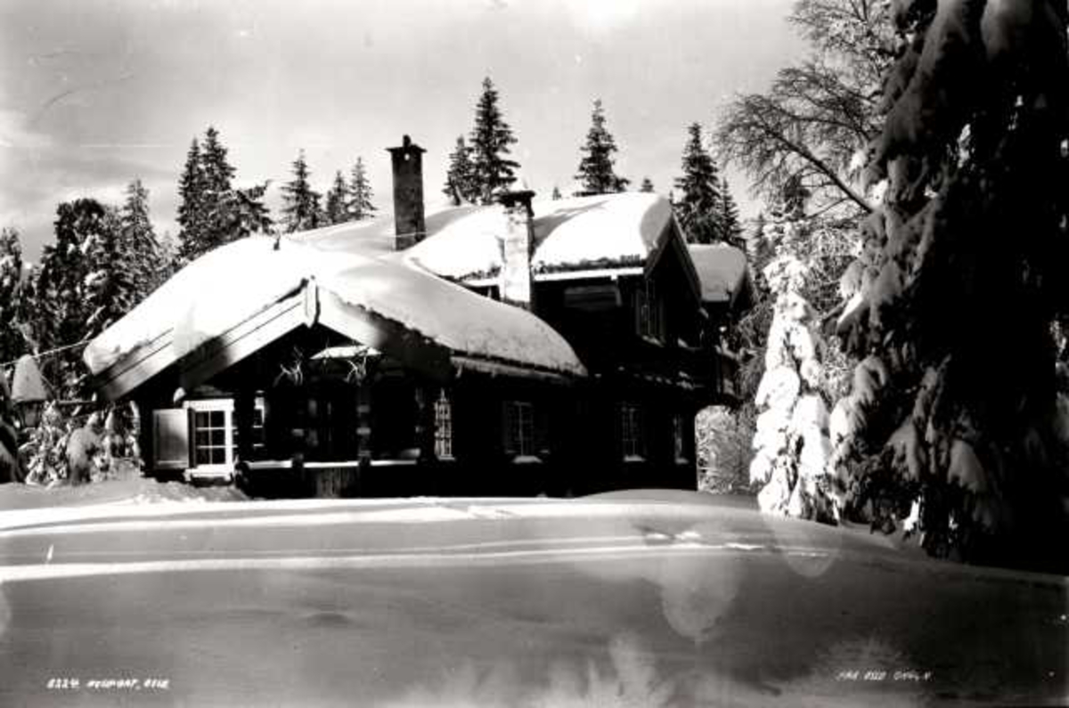 Hermann Christian Neupert, Nordmarka, Oslo. Tømmerhus i vinterskog.