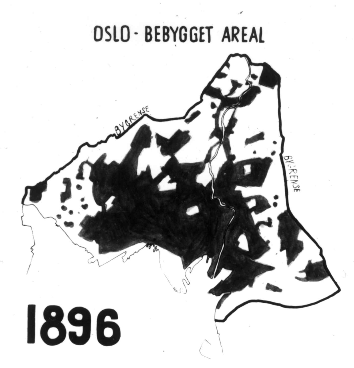 Nanna Broch, Tekstplansje over bebygget areal i Oslo 1896. Fra lysbildeserie til utstilling på Østkantutstillingen 1934, "Den var vår, denne jord". Om tomteproblemer i Oslo. Fra boliginspektør Nanna Brochs boligundersøkelser i Oslo 1920-årene.