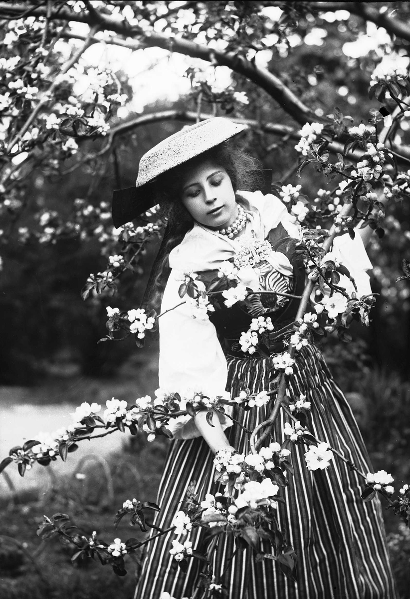 Solveig Lund, Pike i drakt som holder i grenene til et blomstrende blommetre.