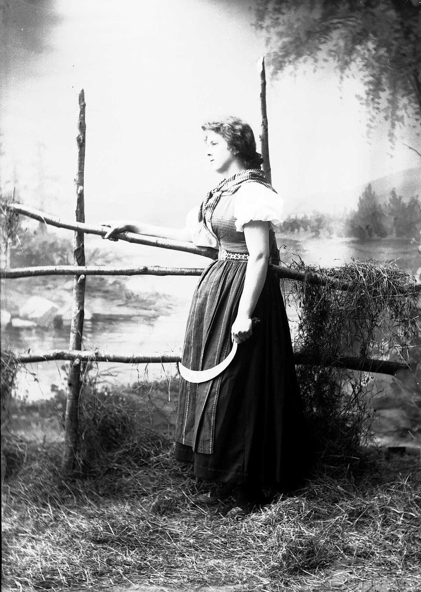 Solveig Lund, Studioportrett av kvinne i nasjonaldrakt. Hun lener seg mot hesjegjerde og holder sigd i hånden. Bakgrunnen er malt med skog, og vann, på gulvet er det høy/gress.