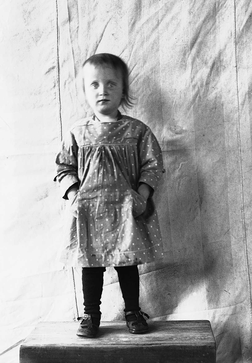 Axel Quinsgaard Wiborg, Portrett av jente stående på krakk foran opphengt bakteppe, ukjent sted. Antatt en av barna i familen Axel Q. Wiborg.