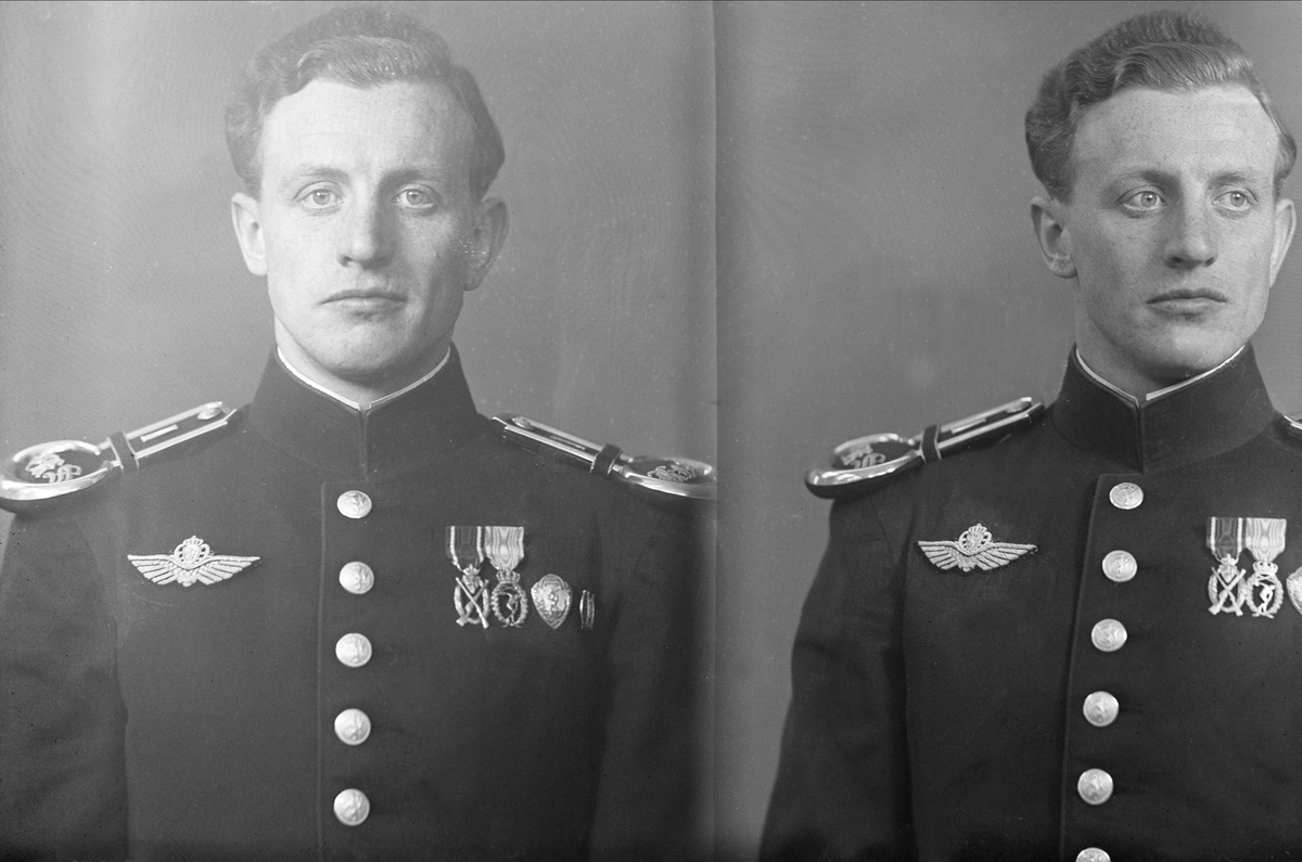 Gustav Borgen, Portrett, to eksponeringer, mann i paradeuniform med flyvinge. Flykadett? Mæhre.