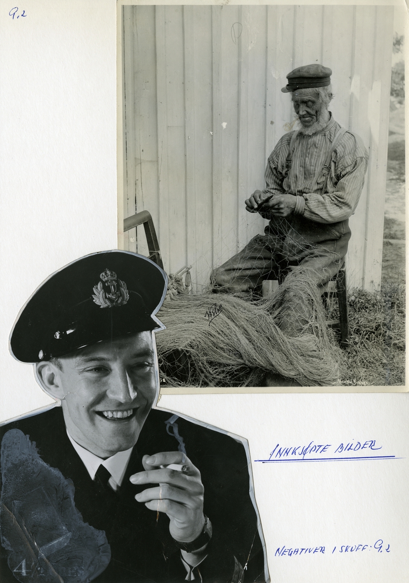 Anders Beer Wilse, Fotomontasje, fotografier innkjøpt av Tiedemanns reklameavdeling. En fisker med tegnet pipe i munnen og en ung mann i uniform som røyker en sigarett.