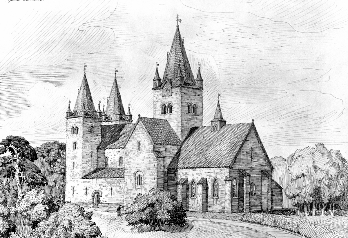 Anno Domkirkeodden, RADERING, OLAF NORDHAGENS DOMKIRKEMODELL. REKONSTRUKSJON AV GAMLE HAMAR DOMKIRKE, GOTISK VERSJON