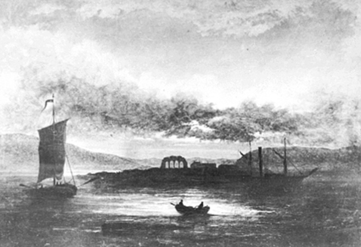 Anno Domkirkeodden, REPRO, MALERI, DOMKIRKERUINEN, MJØSBÅT, STORHAMAR GÅRD, AV PEDER BALKE.