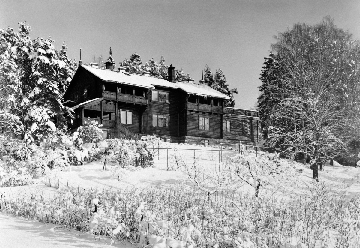 Anno Domkirkeodden, Eksteriør, tømmerhus, Sangen sykehjem i Hamar. Vinter, Sangen Rekreasjonshjem for tuberkulose. Hamar Sanitetsforening kjøpte eiendommen Sangen i 1933 og den ble satt i drift samme året. Ved oppstarten hadde de 16 sengeplasser, men de utvidet allerede i 1934 til 31 plasser. I hjemmets 30-årige histo…