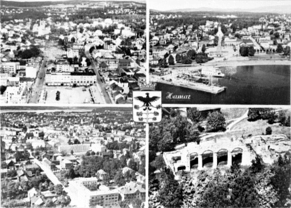 Anno Domkirkeodden, 4 DELT PROSPEKTKORT FRA HAMAR, FLYFOTO, BYVÅPENET, ØSTRE TORG, BRYGGA, ØSTBYEN, DOMKIRKEODDEN.
