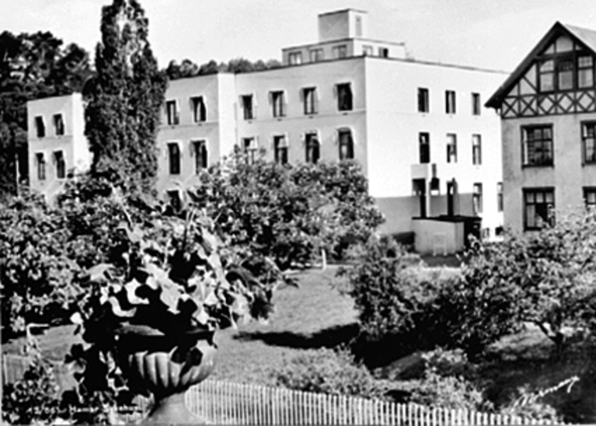 Anno Domkirkeodden, EKSTERIØR HAMAR SYKEHUS MED HAGEN FORAN, TATT FRA ALDERSHJEMMET