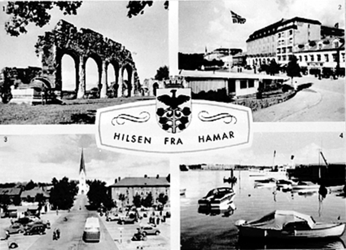 Anno Domkirkeodden, 4 DELT POSTKORT MED BYVÅPENET I MIDTEN, DOMKIRKERUINEN, STRANDGATA, STORTORGET, BÅTHAVNA