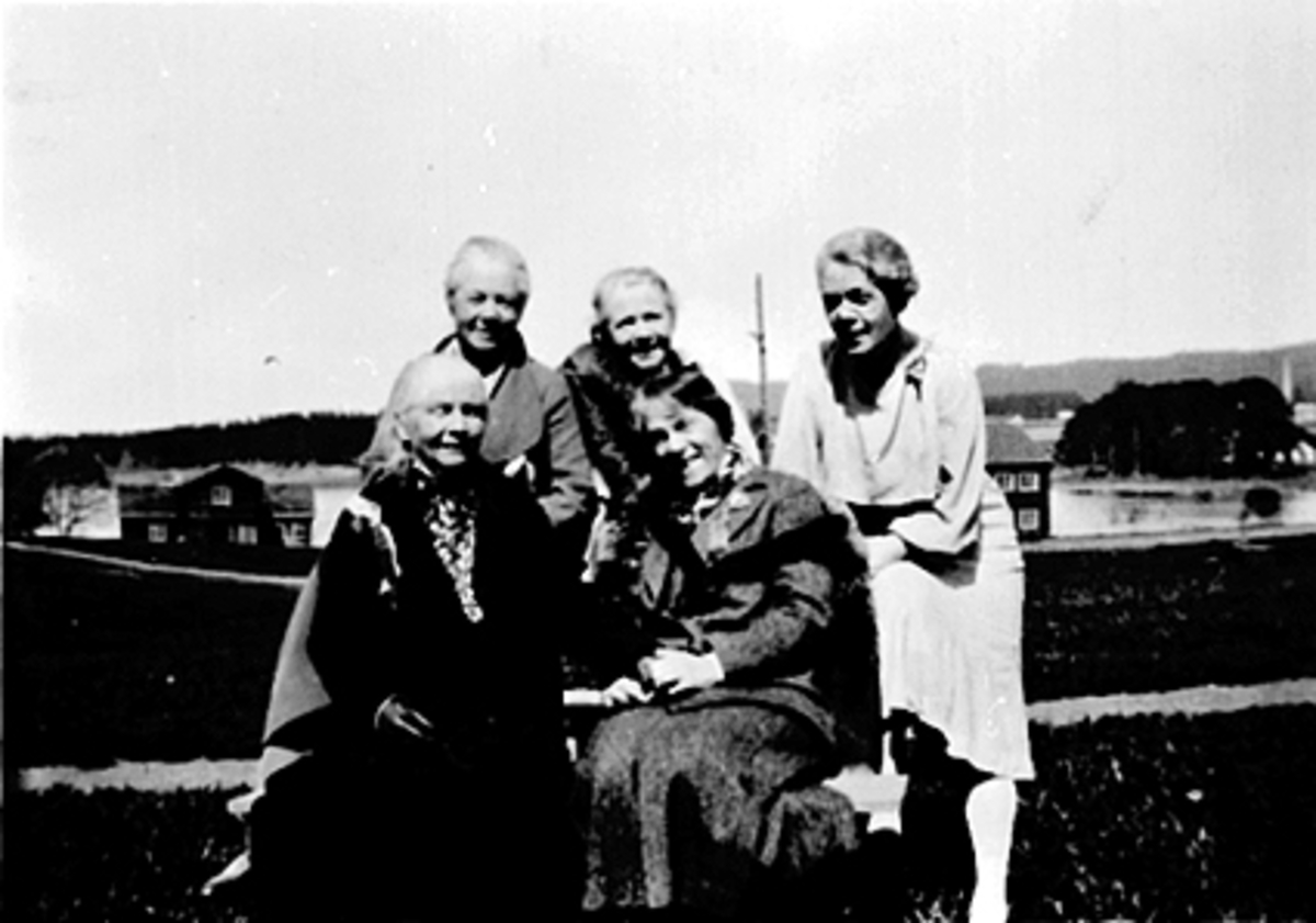 Anno Domkirkeodden, GRUPPE 5 ELDRE DAMER PÅ ODDEN MED ROSENLUNDSVIKA I BAKGRUNNEN, FRU PETERSEN MED 3 DØTRE OG SOFIE J. PETERSEN, BARFRØSTUA OG LØTENBYGNINGEN, HEDMARKSMUSEET OG DOMKIRKEODDEN