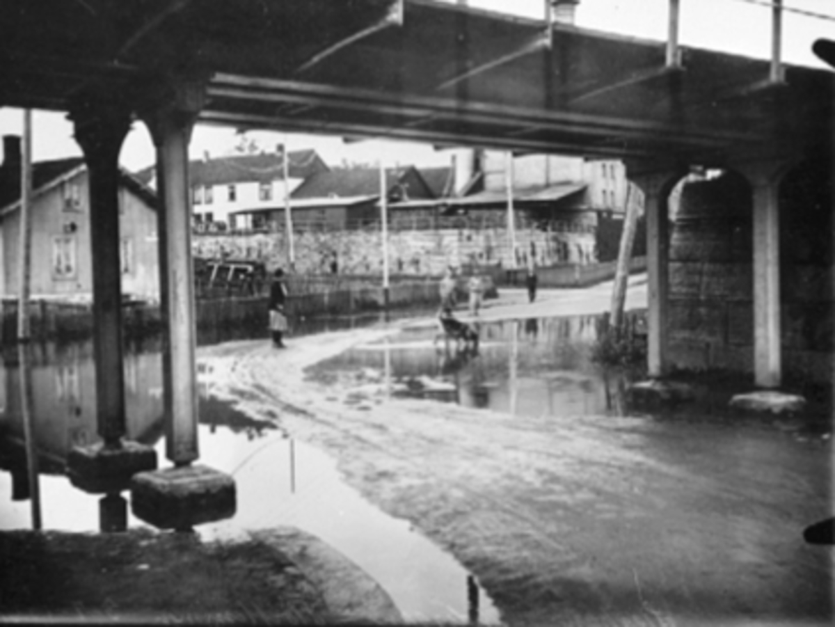 Anno Domkirkeodden, FLOMMEN, FOLK, HUND DRIKKER VANN, JERNBANEUNDERGANGEN, BRYGGERIETBildet er tatt 3/7-1927