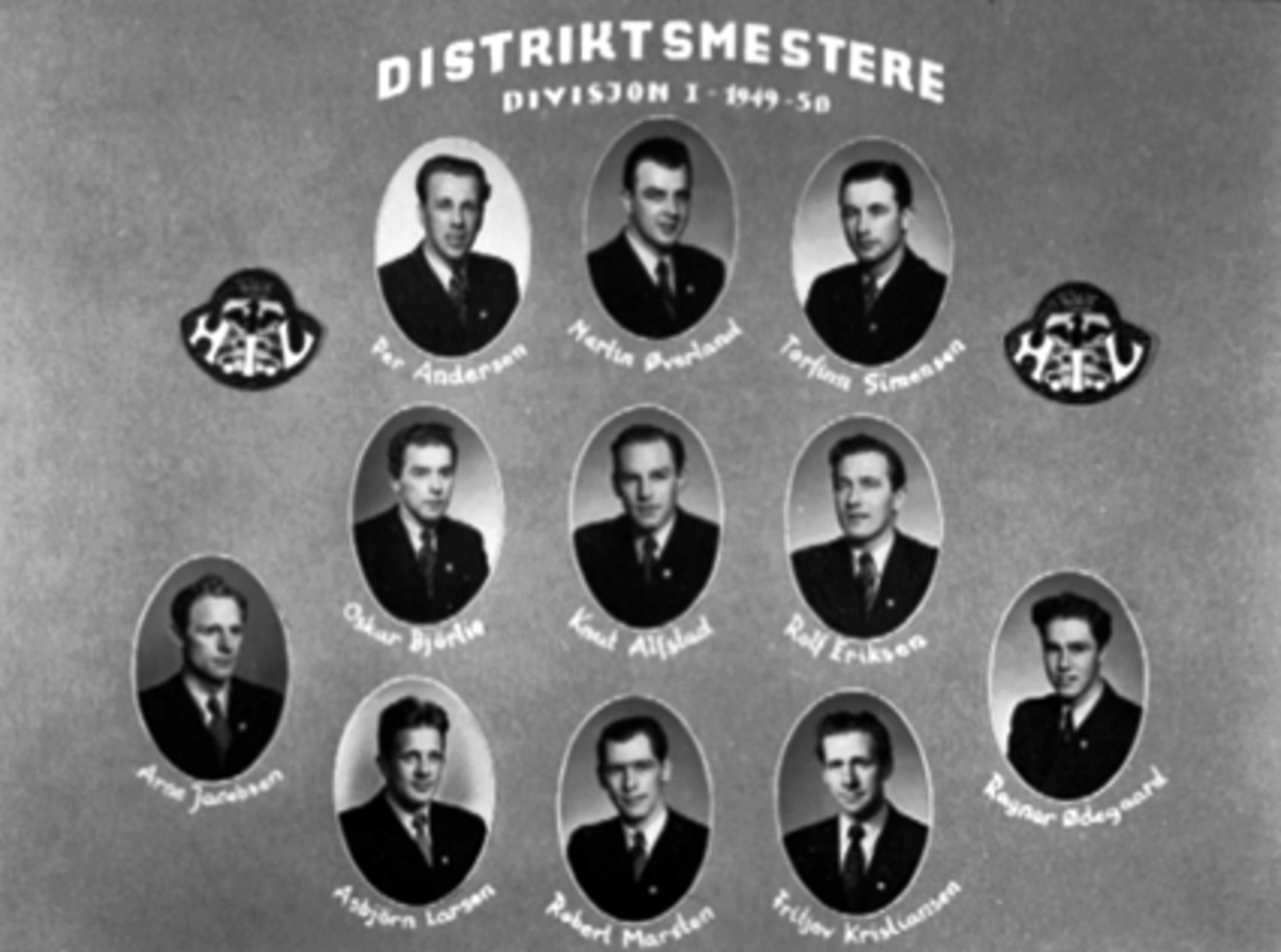 Anno Domkirkeodden, MONTASJE, PORTRETTER, H. I. L. FOTBALL, DISTRIKTSMESTEREPer Andersen, Martin Øverland, Torfinn Simensen, Oskar Bjørlie, Knut Alfstad, Rolf Eriksen, Arne Jacobsen Asbjørn Larsen, RoberRobert Marsten, Fritjof Kristiansen, Ragnar Ødegaard. Se Idrett i Hamar gjennom 100 år. bilde nr. 206