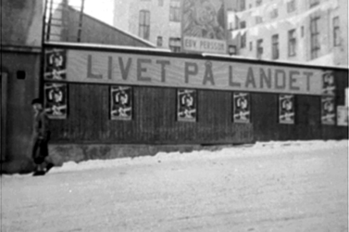 Anno Domkirkeodden, Kinoplakater på veggen til Billigbudene i Vangsvegen. Festiviteten kino, Hamar. Filmplakater for filmen: "livet på landet" med Edvard Persson.