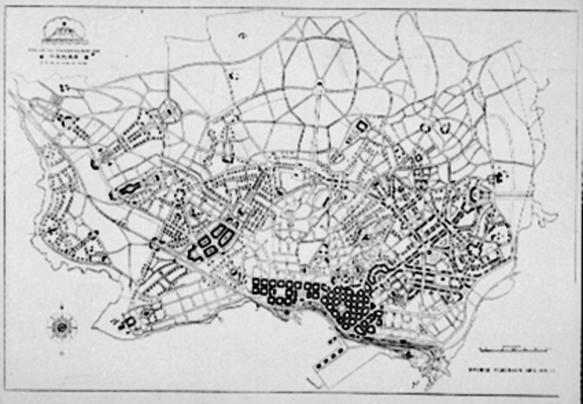 Anno Domkirkeodden, HAMARKART 1924, SOMMERFUGL, FORSLAG TIL BYREGULERING AV ARKITEKT SVERRE PEDERSEN (1882-1971). Han var byplanarkitekt i Trondheim i åra 1914-1920 og professor i boligbygging og byplan ved Norges Tekniske Høyskole fra 1920-1954.