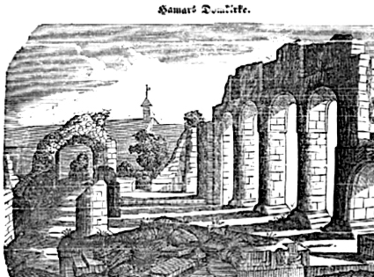 Anno Domkirkeodden, HAMAR DOMKIRKERUIN, STREKTEGNING, TRYKK I ALMUEVENNEN 1856